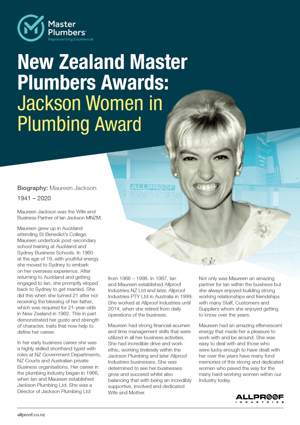 NZ Master Plumbers-Jackson Women in Plumbing Award-Maureen Jackson Biography