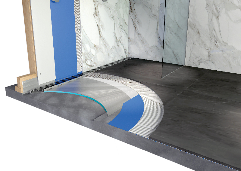 shower tray tile over stainless drain waste channel grate waterproof membrane leak resistant proof
