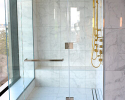 Tile Over Stainless Tray in Cordis Hotel Penthouse Suite, Auckland. tile over shower tray base tile insert linear drain bathroom design wet area