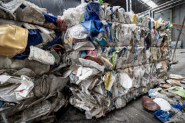 Bale of PP collected from roadside recycling bins ready for cleaning and processing.